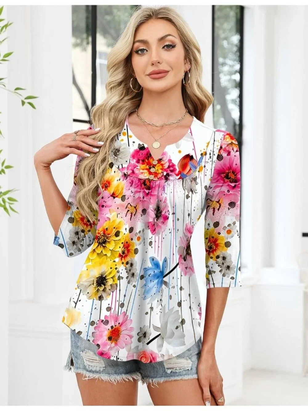 Women's White Colorful Long Sleeve V Neck Casual Henley Blouses Tops T Shirt